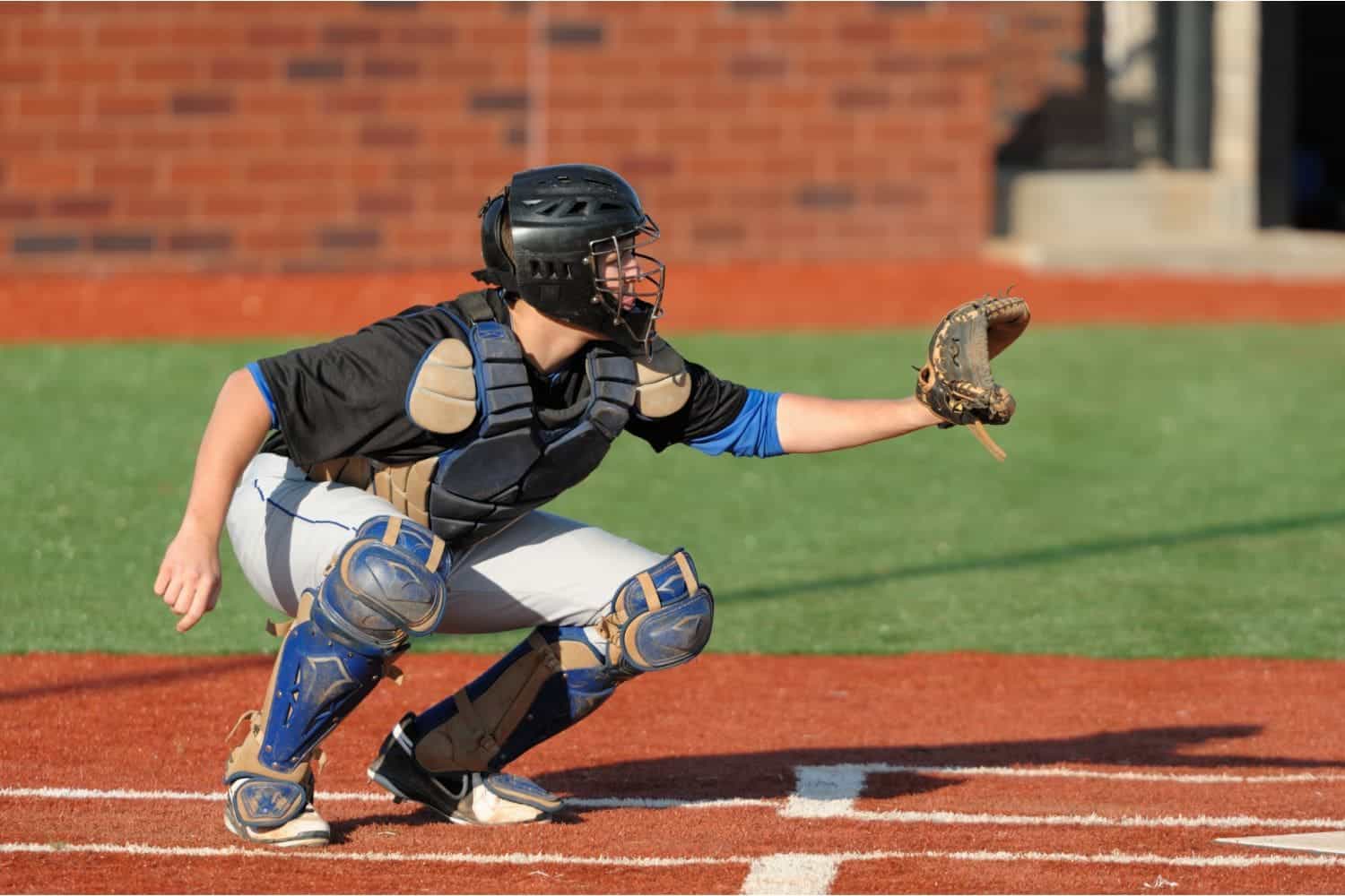 A baseball catcher in full gear crouches behind home plate, reaching out with a gloved hand to catch a pitch on a sunny field with a brick wall in the background.
