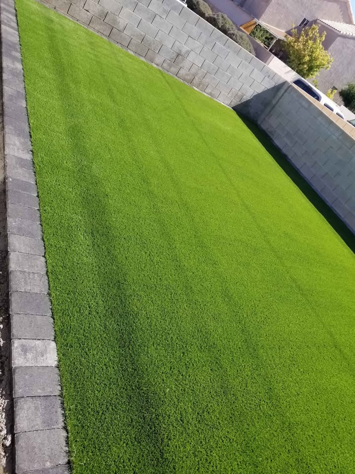 A neatly trimmed, bright green lawn bordered by gray paving stones and surrounded by a cinder block wall in a residential backyard.