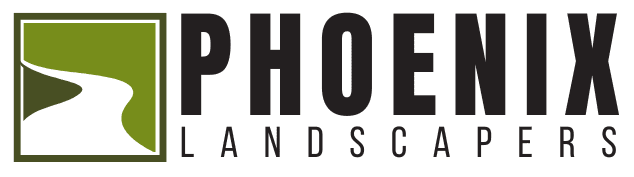 Logo for Phoenix Landscapers featuring a stylized white winding path on a green square next to bold black text reading "PHOENIX" above smaller black text reading "LANDSCAPERS.